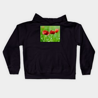 Poppies closeup with selective focus in a field Kids Hoodie